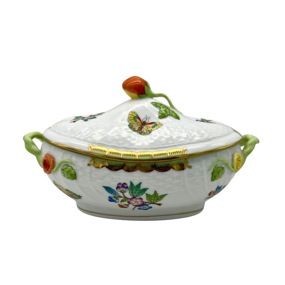 Herend Queen Victoria VBA Sugar Basin Candy Bon Bon Covered Dish Green Border - Picture 1 of 16